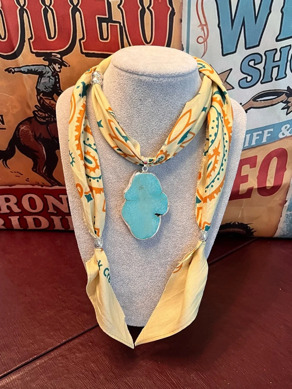 Handmade Turquoise Pendant Prairie Style Bandana, Wild Rag Length, Nostalgic